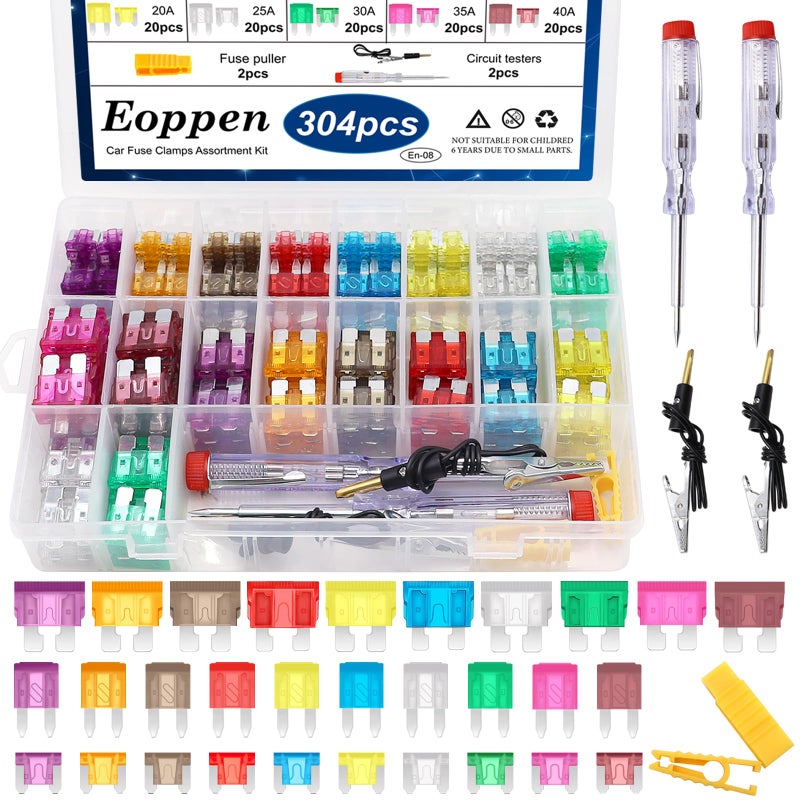 Eoppen 304Pcs Car Fuses Assortment Kit with Fuse Puller and Circuit Tester - Standard & Mini & Low Profile Mini Fuse Kit (3A 5A 7.5A 10A 15A 20A 25A 30A 35A 40A) - Image 1