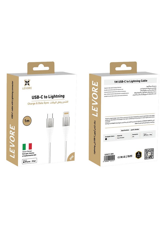 LEVORE - Levore USB-C to Lightning Nylon Cable MFI Certified 1m - White - Image 1