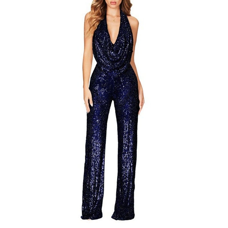 Women's Sleeveless Halter Sequin Jumpsuit - High Waist Straight Leg One Piece, Elegant Office & Evening Wear
