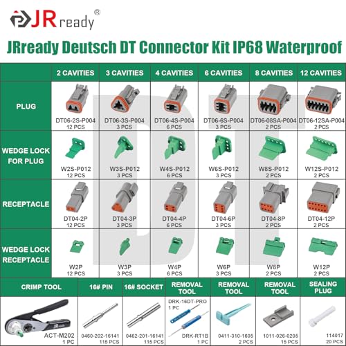 JRready DW5010 Deutsch Connector Kit 2 3 4 6 8 12 Pin IP68 Waterproof DT Connectors Kit with ACTM202 Adjustable Deutsch Crimp Tool Size 16 Solid Contact Pins 1620AWG - Image 3