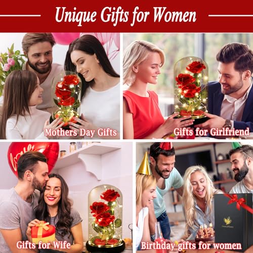 Dream of Flowers Christmas Flower Gifts for Women,Beauty and The Beast Rose in Glass Dome with 2 Lights Mode,Light up Rose Anniversary Romantic Gift for her,Birthday Gifts for Women,Mom,Wife,Girlfriend,Silk Red Rose - Image 5