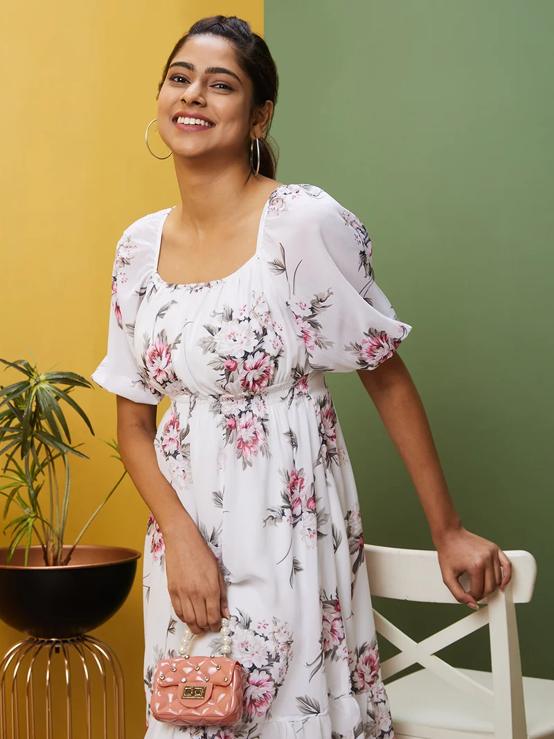globus Women White Floral Printed Puff Sleeve Fit & Flare Midi Dress
