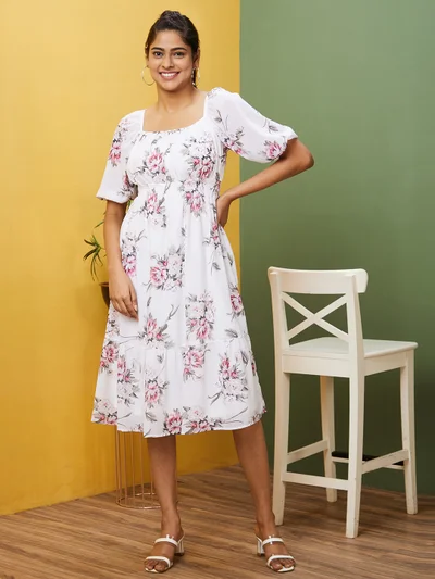 globus Women White Floral Printed Puff Sleeve Fit & Flare Midi Dress