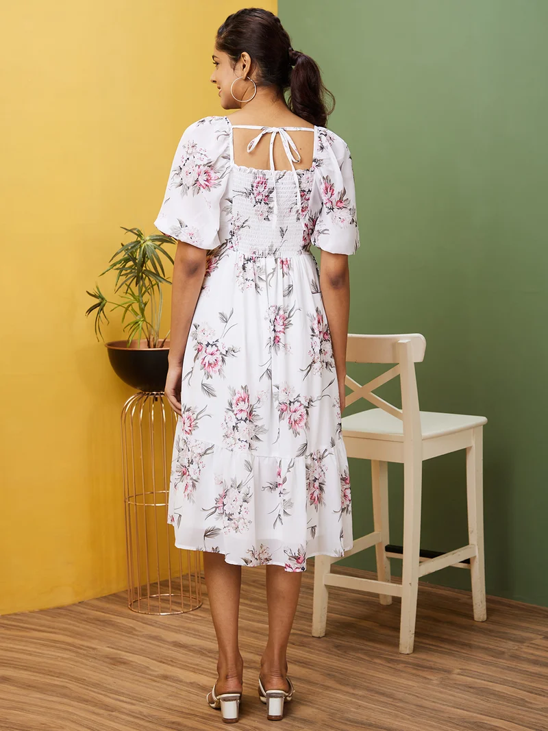 globus Women White Floral Printed Puff Sleeve Fit & Flare Midi Dress