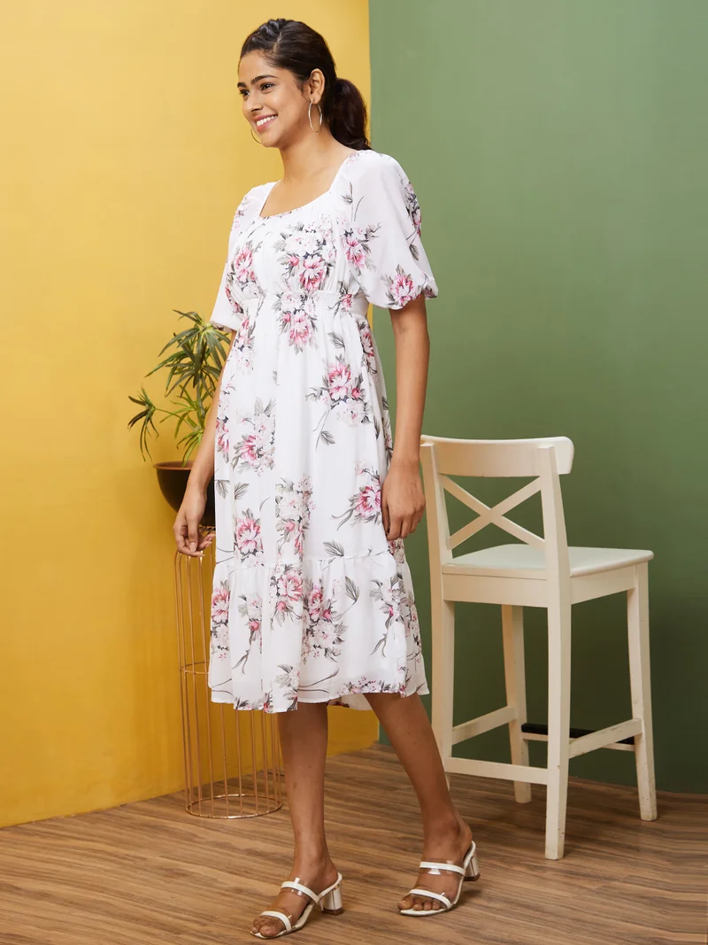 globus Women White Floral Printed Puff Sleeve Fit & Flare Midi Dress