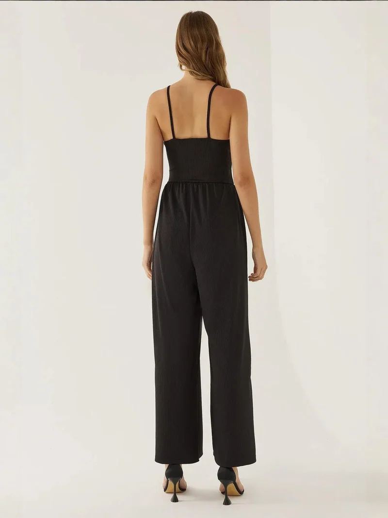 HICCUP Black Wide Leg V-Neck Knitted Jumpsuit for Women | Best Price UAE