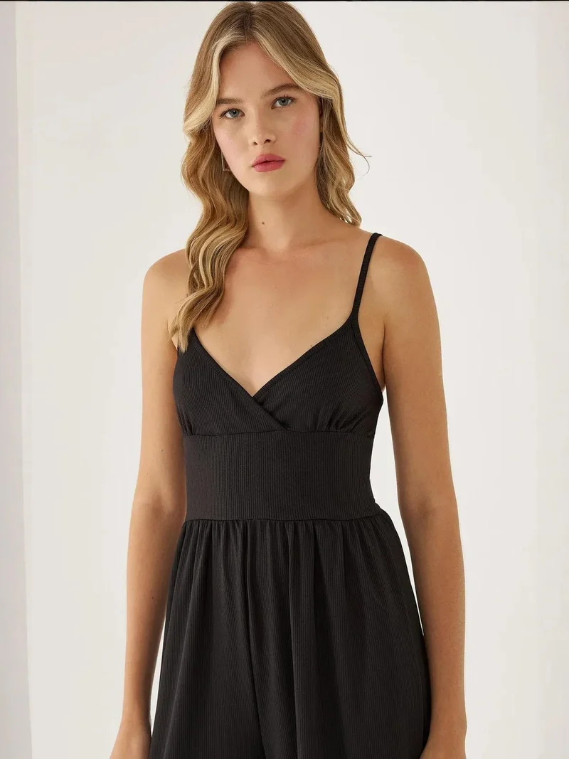 HICCUP Black Wide Leg V-Neck Knitted Jumpsuit for Women | Best Price UAE