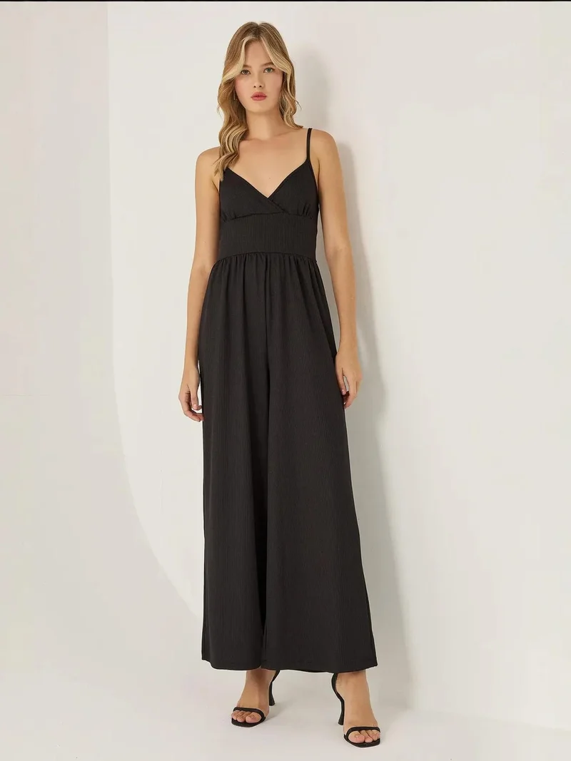HICCUP Black Wide Leg V-Neck Knitted Jumpsuit for Women | Best Price UAE