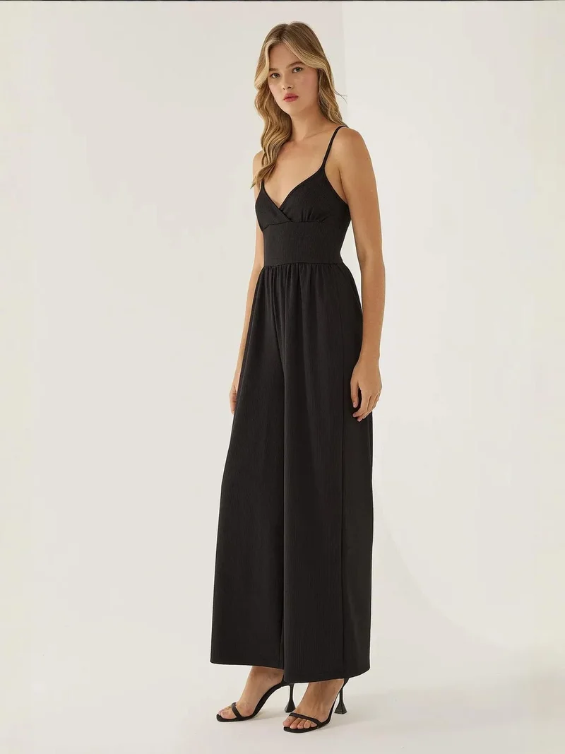 HICCUP Black Wide Leg V-Neck Knitted Jumpsuit for Women | Best Price UAE
