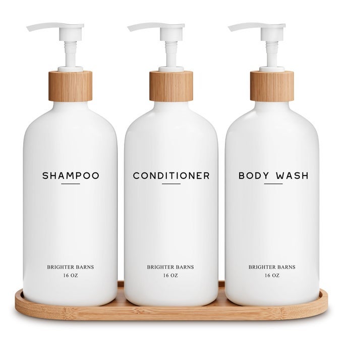 WHITE SHAMPOO AND CONDITIONER DISPENSER SET BY SHOWER DISPENSER SHAMPOO CONDITIONER BODY WASH DISPENSER WITH PUMP SHOWER SOAP DISPENSER FOR BATHROOM DECOR HOTEL AIRBNB WHITE