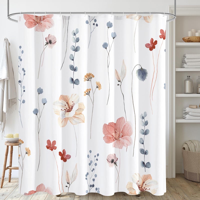 Gibelle Watercolor Floral Shower Curtain Coral Beige Flower Shower Curtain for Bathroom Modern Minimalist White Waterproof Fabric Shower Curtain Set with Hooks 72x72 Inch