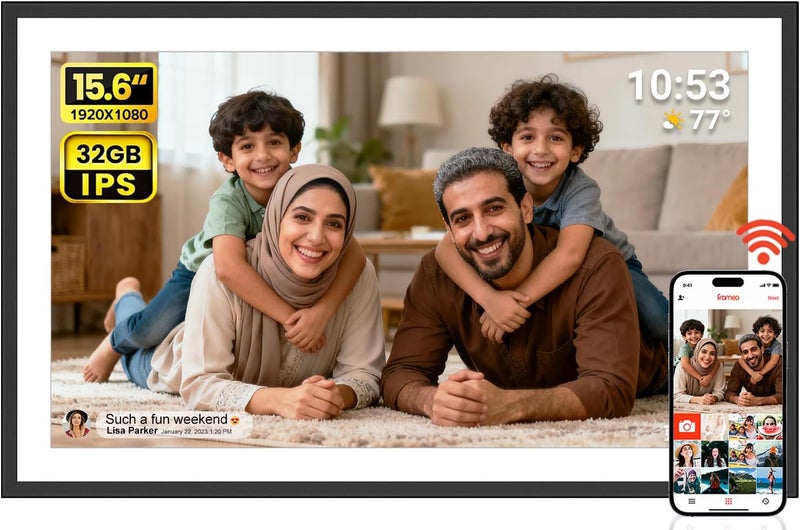 إطار صور رقمي كبير أكيمارت 15.6 بوصة، إطار صور رقمي واي فاي، شاشة لمس IPS عالية الدقة 32 جيجابايت تخزين مع تدوير تلقائي ومشاركة فورية للصور/الفيديو عبر تطبيق Frameo، هدية للأم - Image 1