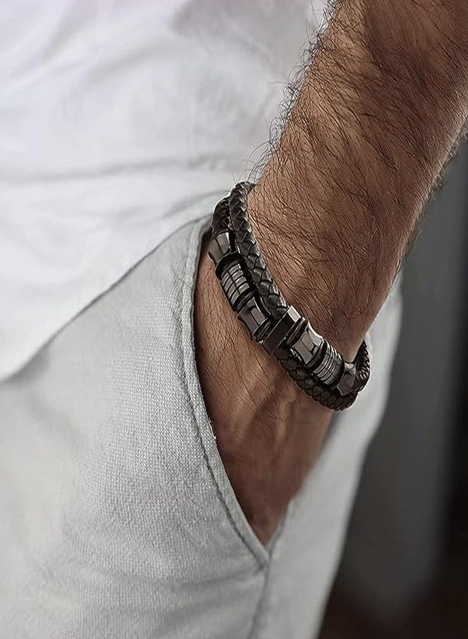 BeFunky Men Double-Row Braided Leather Bracelet Bangle Wristband with Stainless Steel Ornaments (Black Leather + Black Accessories) - Image 3