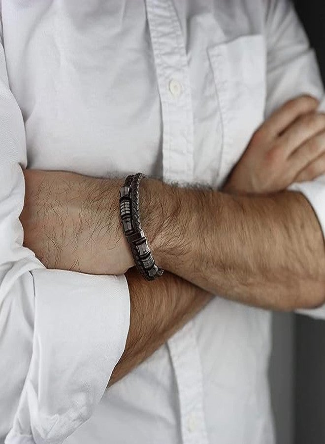 BeFunky Men Double-Row Braided Leather Bracelet Bangle Wristband with Stainless Steel Ornaments (Black Leather + Black Accessories) - Image 4