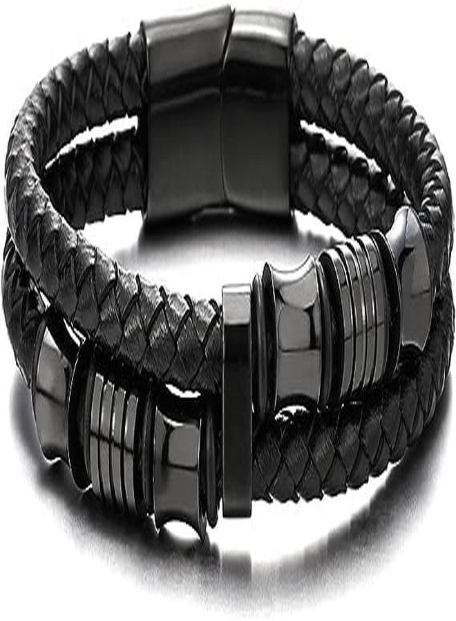 BeFunky Men Double-Row Braided Leather Bracelet Bangle Wristband with Stainless Steel Ornaments (Black Leather + Black Accessories) - Image 5