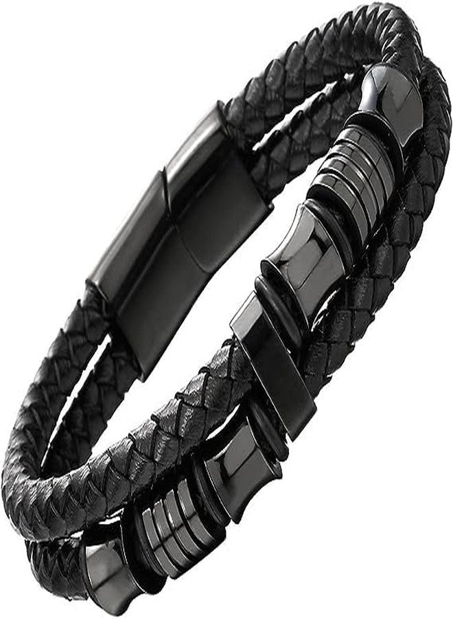 BeFunky Men Double-Row Braided Leather Bracelet Bangle Wristband with Stainless Steel Ornaments (Black Leather + Black Accessories) - Image 1