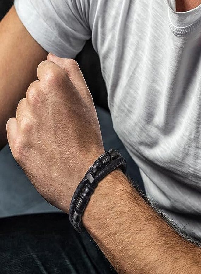 BeFunky Men Double-Row Braided Leather Bracelet Bangle Wristband with Stainless Steel Ornaments (Black Leather + Black Accessories) - Image 2