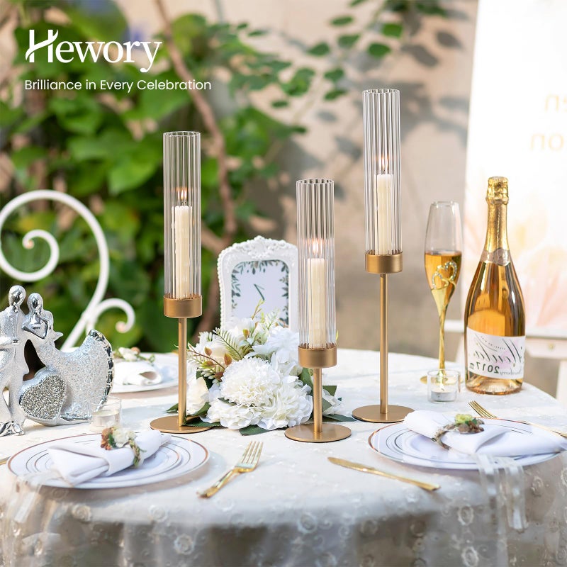 Hewory Gold Hurricane Candle Holders: Brass Candlestick Holders Set of 3 Tall Taper Candle Holders for Candlesticks Candle Sticks Holder Decor for Table Centerpiece Wedding Party Christmas Decorations - Image 3