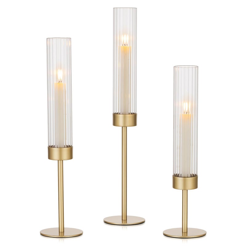 Hewory Gold Hurricane Candle Holders: Brass Candlestick Holders Set of 3 Tall Taper Candle Holders for Candlesticks Candle Sticks Holder Decor for Table Centerpiece Wedding Party Christmas Decorations - Image 1