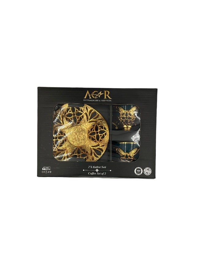 أكار طقم قهوة تركية فاخر من فنجانين مع حوامل وصحون بالتراث العثماني الأنيق باللون الأخضر والذهبي – صناعة تركية - Image 3