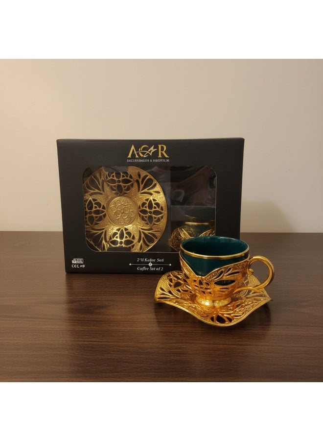أكار طقم قهوة تركية فاخر من فنجانين مع حوامل وصحون بالتراث العثماني الأنيق باللون الأخضر والذهبي – صناعة تركية - Image 1