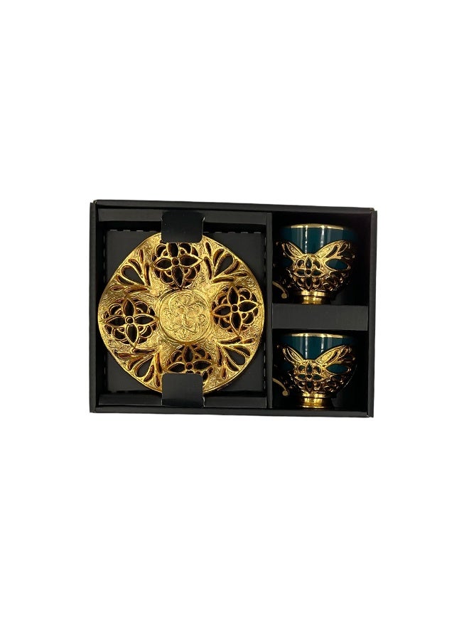 أكار طقم قهوة تركية فاخر من فنجانين مع حوامل وصحون بالتراث العثماني الأنيق باللون الأخضر والذهبي – صناعة تركية - Image 2