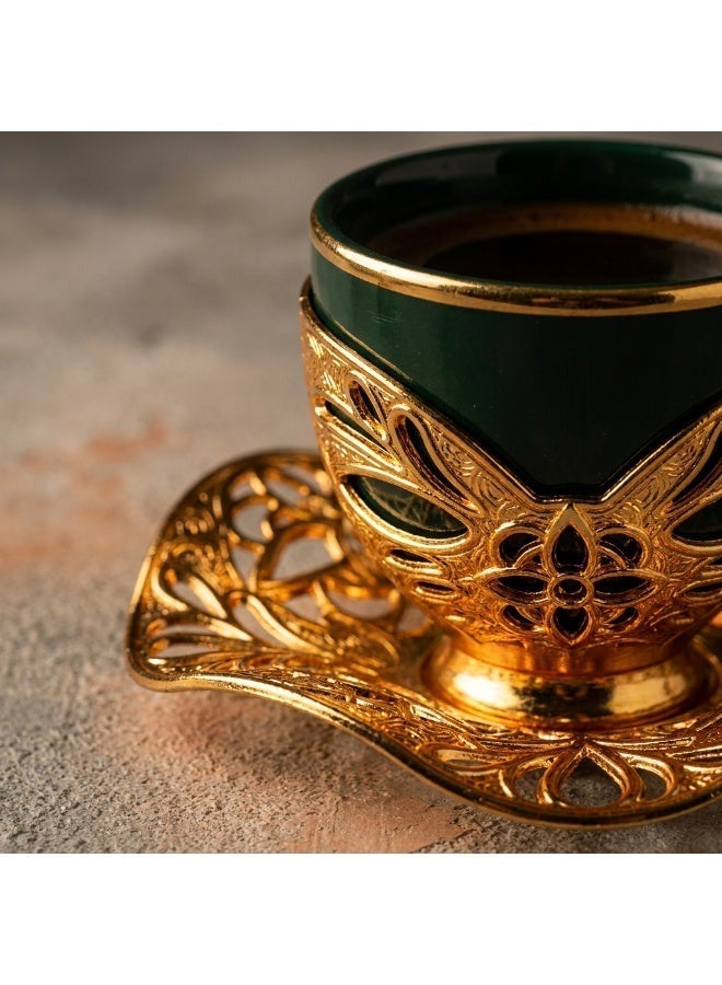 Acar Luxury Turkish Coffee Set of 2 Cups with Holders and Saucers in Elegant Ottoman Style in Green & Gold – Made in Turkey - Image 2