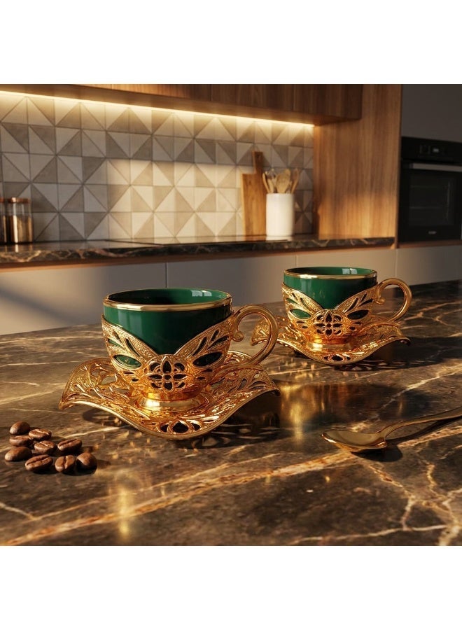 Acar Luxury Turkish Coffee Set of 2 Cups with Holders and Saucers in Elegant Ottoman Style in Green & Gold – Made in Turkey - Image 1