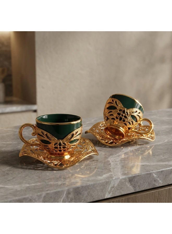 Acar Luxury Turkish Coffee Set of 2 Cups with Holders and Saucers in Elegant Ottoman Style in Green & Gold – Made in Turkey - Image 3
