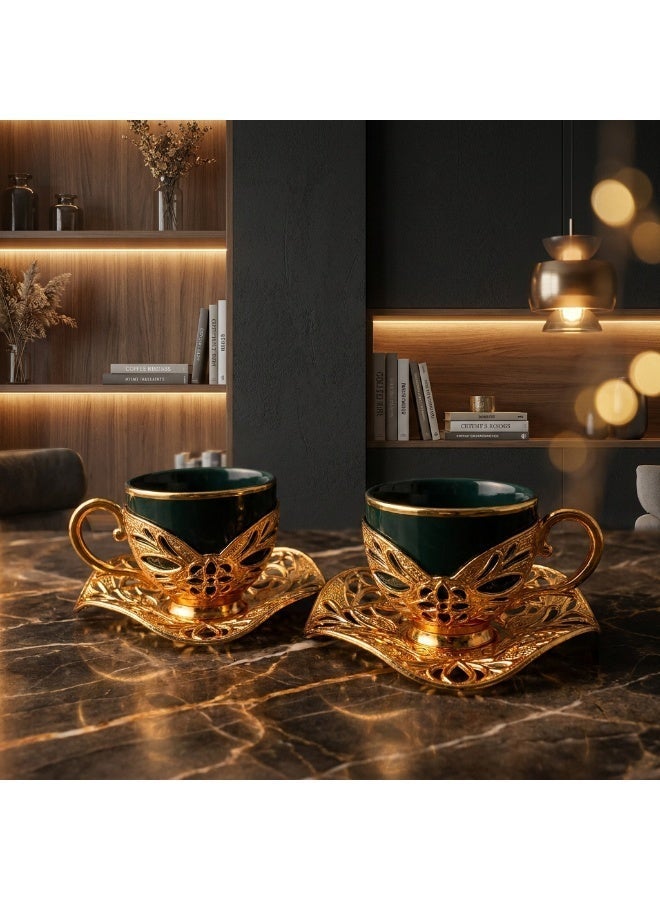 Acar Luxury Turkish Coffee Set of 2 Cups with Holders and Saucers in Elegant Ottoman Style in Green & Gold – Made in Turkey - Image 4