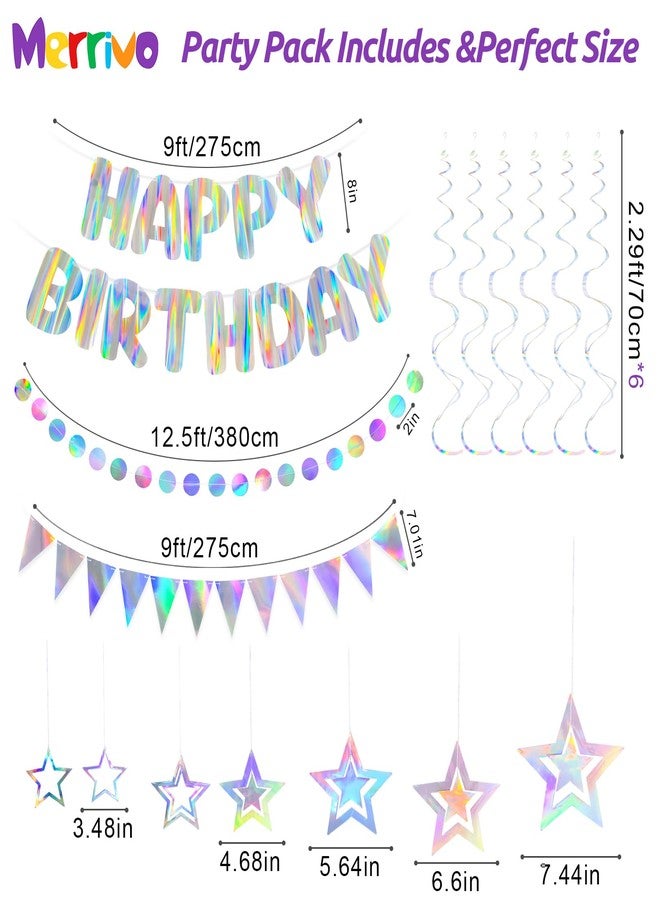 Merrivo Iridescent Birthday Decorations with Holographic Pre-Strung Happy Birthday Banner, Swirl Streamers, Pennant Flags & Dot Garland, Rainbow Birthday Party Decorations for Women Men Kids - Image 4