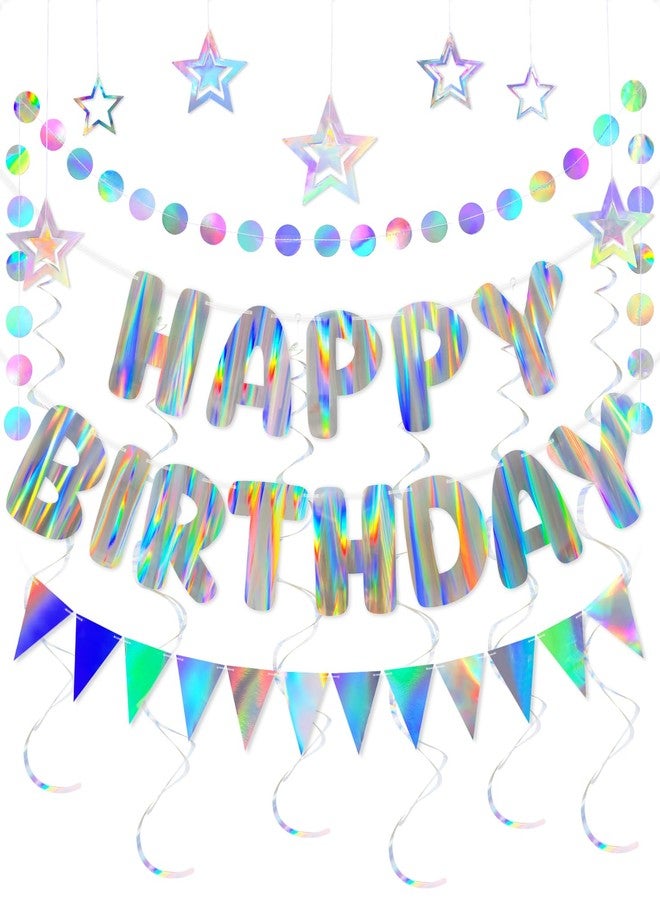 Merrivo Iridescent Birthday Decorations with Holographic Pre-Strung Happy Birthday Banner, Swirl Streamers, Pennant Flags & Dot Garland, Rainbow Birthday Party Decorations for Women Men Kids - Image 1