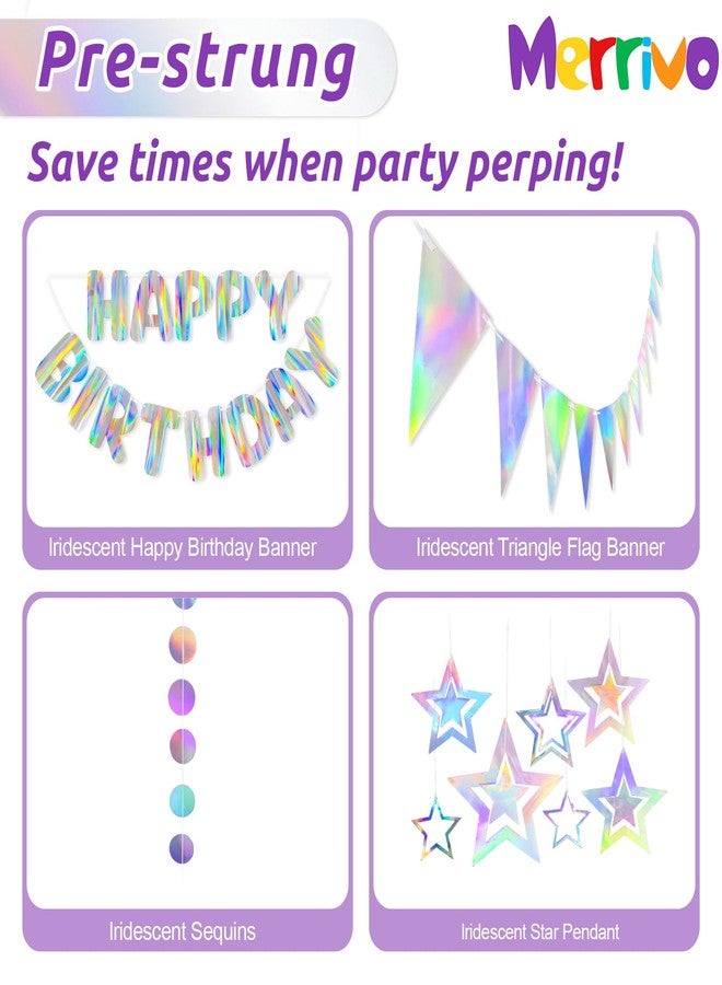 Merrivo Iridescent Birthday Decorations with Holographic Pre-Strung Happy Birthday Banner, Swirl Streamers, Pennant Flags & Dot Garland, Rainbow Birthday Party Decorations for Women Men Kids - Image 5
