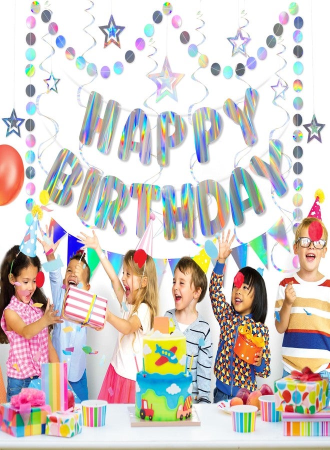 Merrivo Iridescent Birthday Decorations with Holographic Pre-Strung Happy Birthday Banner, Swirl Streamers, Pennant Flags & Dot Garland, Rainbow Birthday Party Decorations for Women Men Kids - Image 2