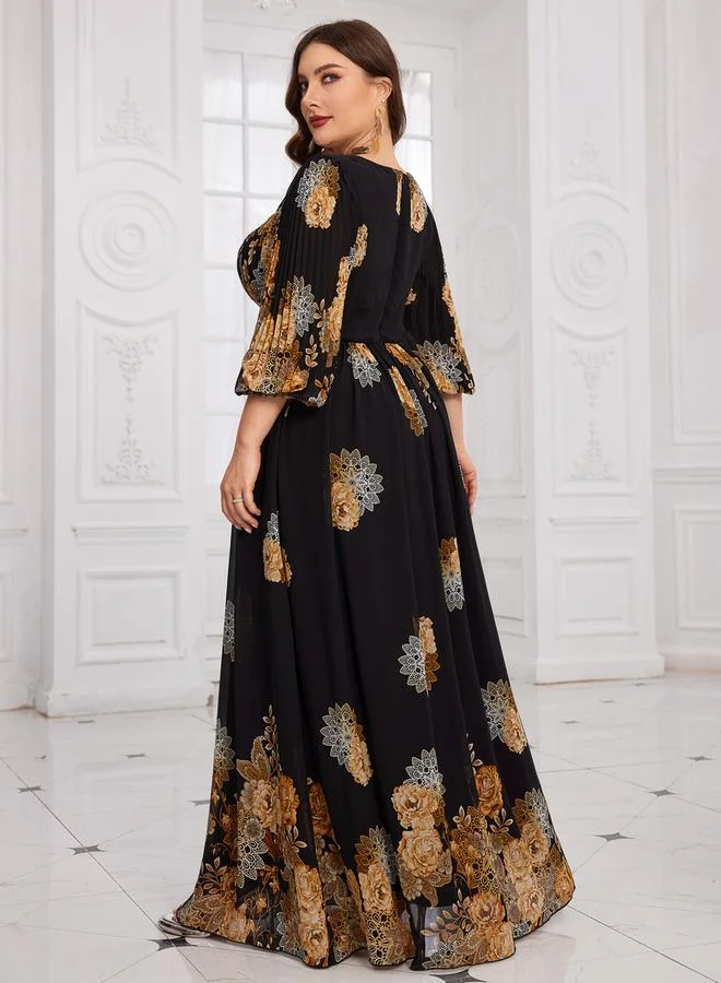 SUPGIR Plus Size Black Floral Print A-Line Maxi Dress