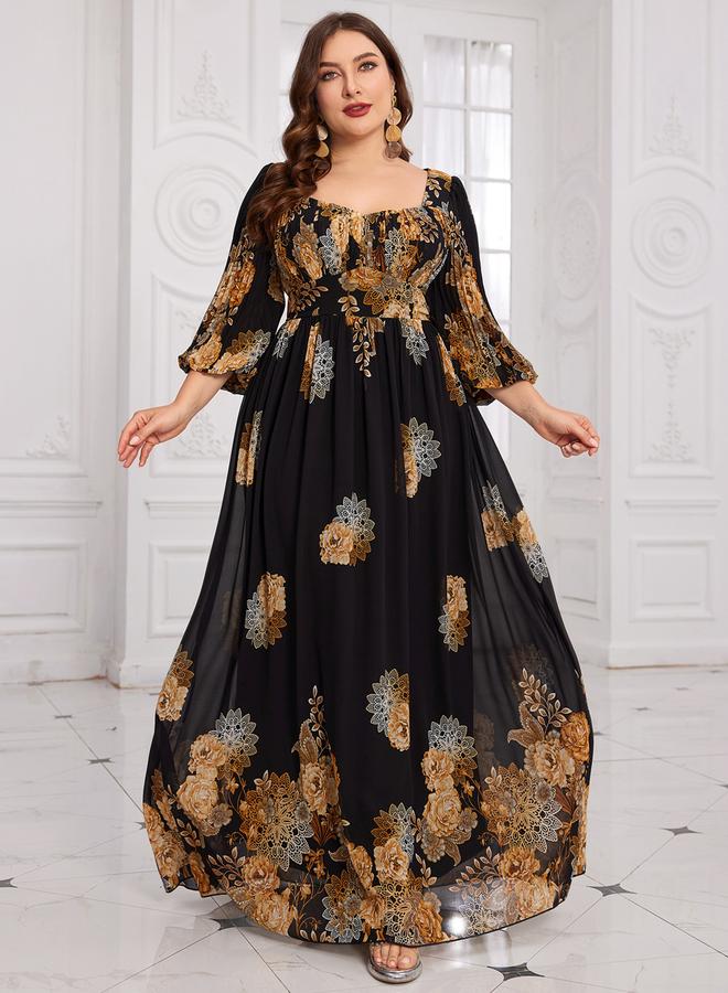 SUPGIR Plus Size Black Floral Print A-Line Maxi Dress - Image 3