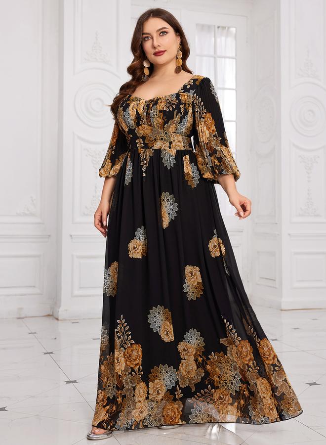 SUPGIR Plus Size Black Floral Print A-Line Maxi Dress - Image 1