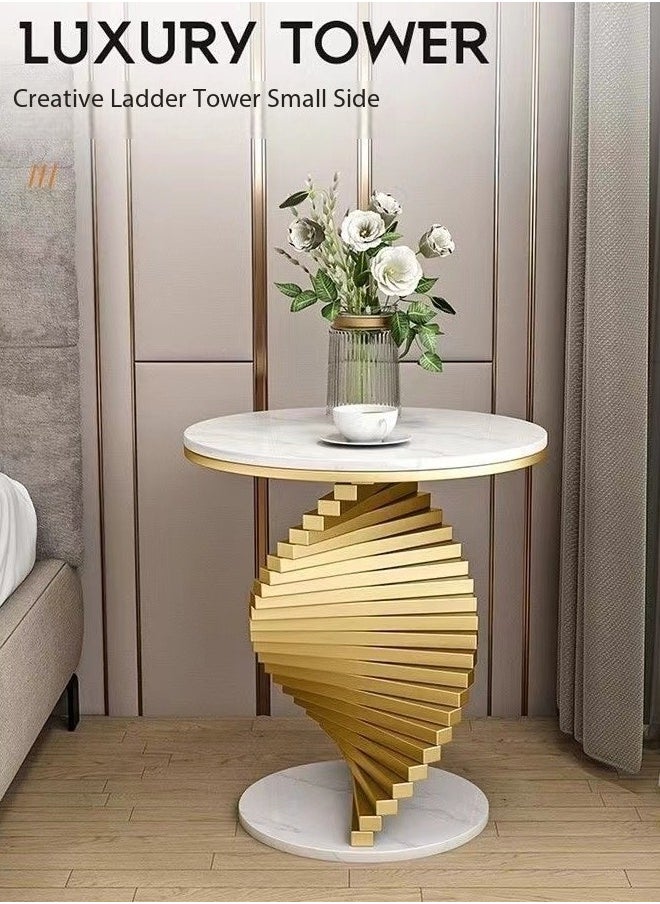 fashionhome - Multipurpose Luxury Gold Spiral Base Design Coffee Table Round Tabletop Side Table Sofa Side Table Creative Small Accent Table for Balcony Living Room Home Office 50x55 cm (Fully Assembled) - Image 1