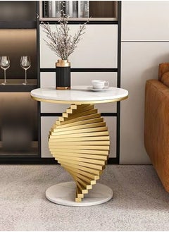 Multipurpose Luxury Gold Spiral Base Design Coffee Table Round Tabletop Side Table Sofa Side Table Creative Small Accent Table for Balcony Living Room Home Office 50x55 cm (Fully Assembled)