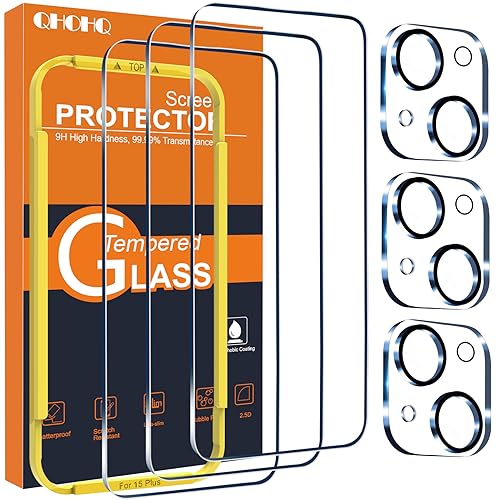 QHOHQ 3 Pack Screen Protector for iPhone 15 Plus [6.7 Inch] with 3 Pack Camera Lens Protector, Tempered Glass Film, HD Clear, 9H Hardness, No Bubbles, Case Friendly - Image 1
