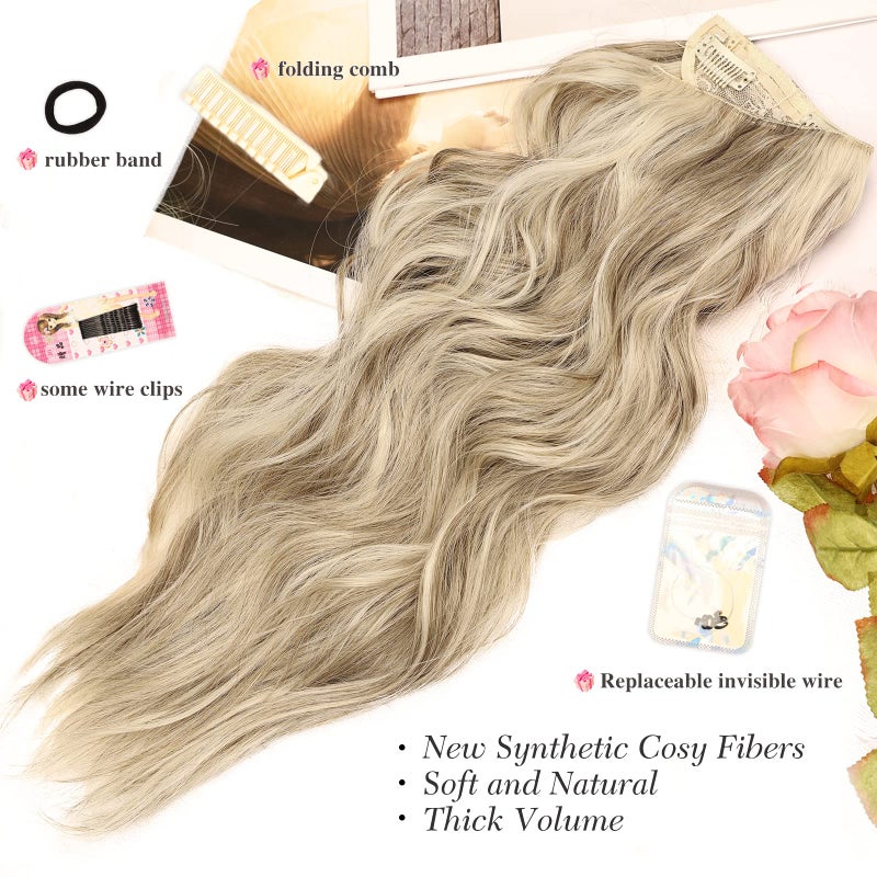 MORICA Halo Hair Extensions, 20 Inch Invisible Wire Hair Extensions Long Wavy Synthetic Hairpiece with Transparent Wire Adjustable Size, 4 Secure Clips for Women (Ash Blonde Mixed Light Blonde,20Inch) - Image 2