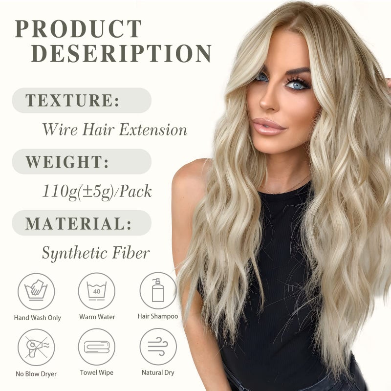 MORICA Halo Hair Extensions, 20 Inch Invisible Wire Hair Extensions Long Wavy Synthetic Hairpiece with Transparent Wire Adjustable Size, 4 Secure Clips for Women (Ash Blonde Mixed Light Blonde,20Inch) - Image 5