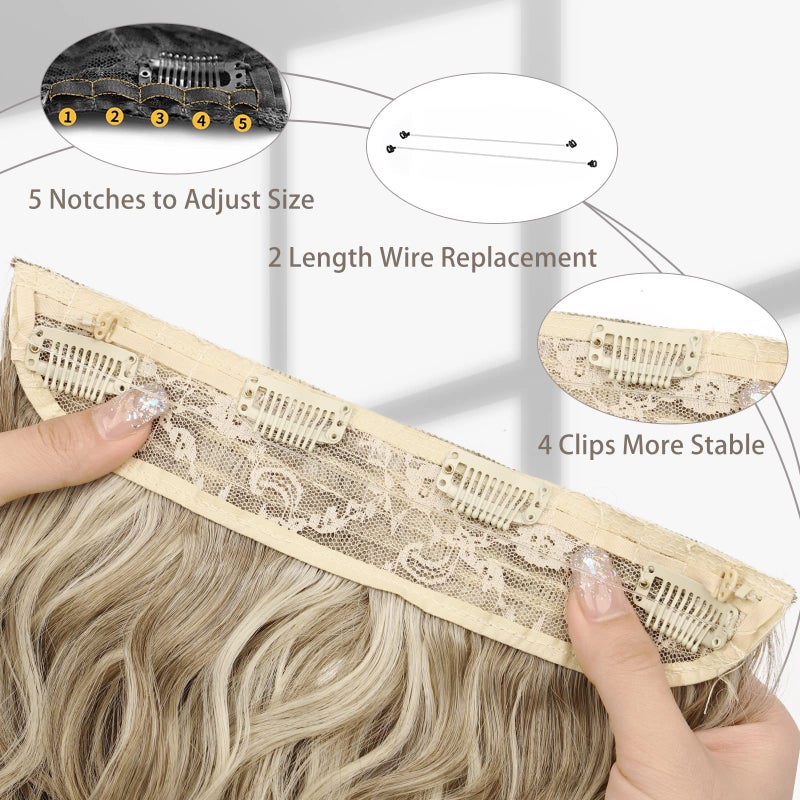 MORICA Halo Hair Extensions, 20 Inch Invisible Wire Hair Extensions Long Wavy Synthetic Hairpiece with Transparent Wire Adjustable Size, 4 Secure Clips for Women (Ash Blonde Mixed Light Blonde,20Inch) - Image 3