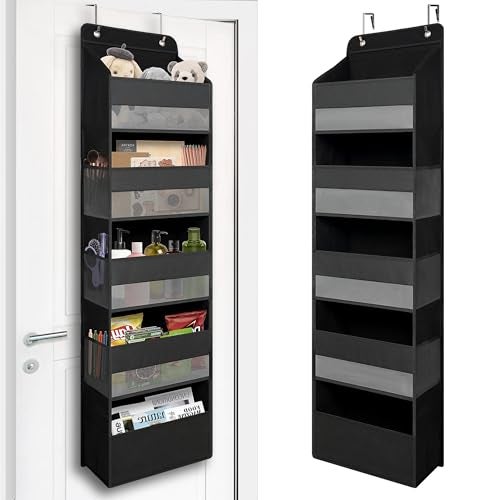 TYMENSH Over Door Organizer with 5 Large Pockets Heavy Duty Hanging Organizer Storage Closet Bathroom Nursery Bedroom Dorm Toys Cosmetics Sundries and Baby Essentials Black