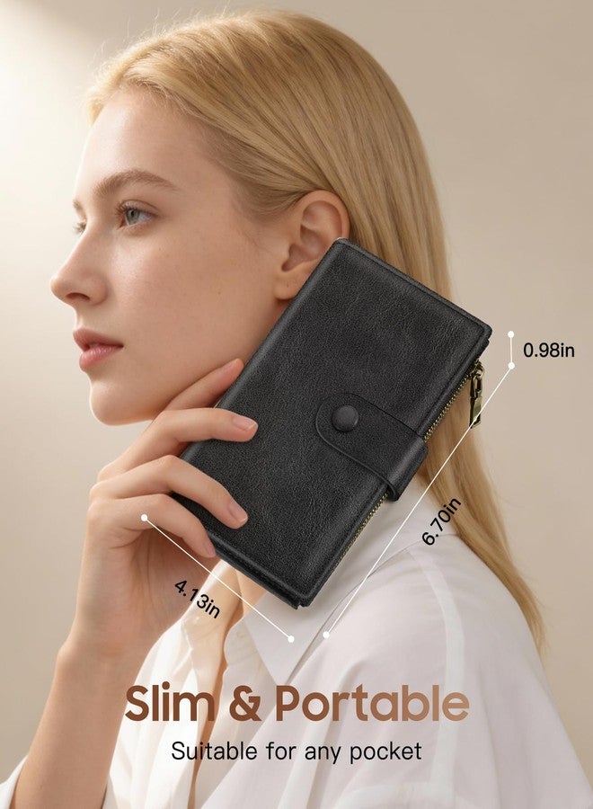 FINTIE RFID Women Wallet, 11Cards 3 Cash Slots, Passport Holder Trifold Clutch Wallet with Zipper Coin Pocket ID Window SIM Slots for Ladies Girls Female Teen (Black) - Image 2