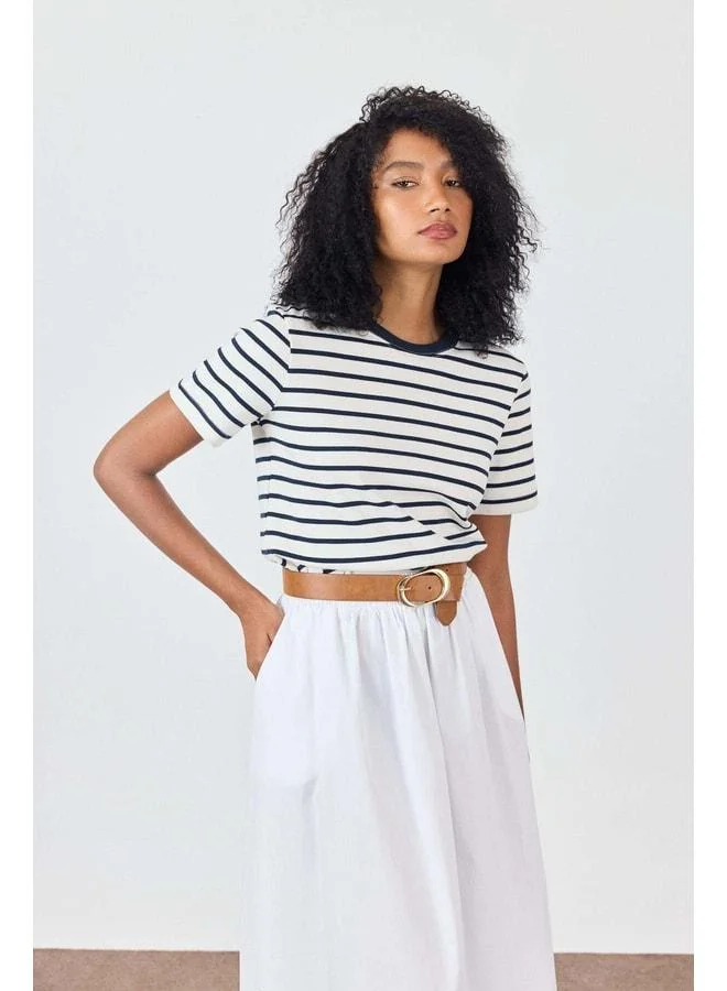 Sherin Navy Shoulder Raglan Striped T‑shirt.