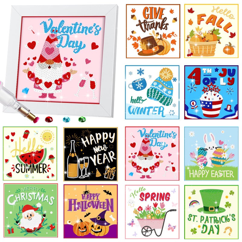 Trandraft 13 Pcs Interchangeable Seasonal Diamond Painting Kits for Adults Christmas Monthly 5D Diamond Art Calendar Kits with Frame for Fall Halloween Thanksgiving Holiday Decor Gift(Cartoon Style) - Image 1