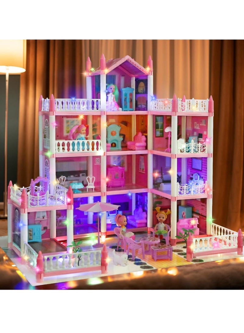 Doll House Dream Dollhouse for Girls Pretend-Play DIY Dollhouse Kit - 4-Story 11 Rooms Playhouse with 4 Dolls Toy Figures Furniture and Accessories Set - Image 4