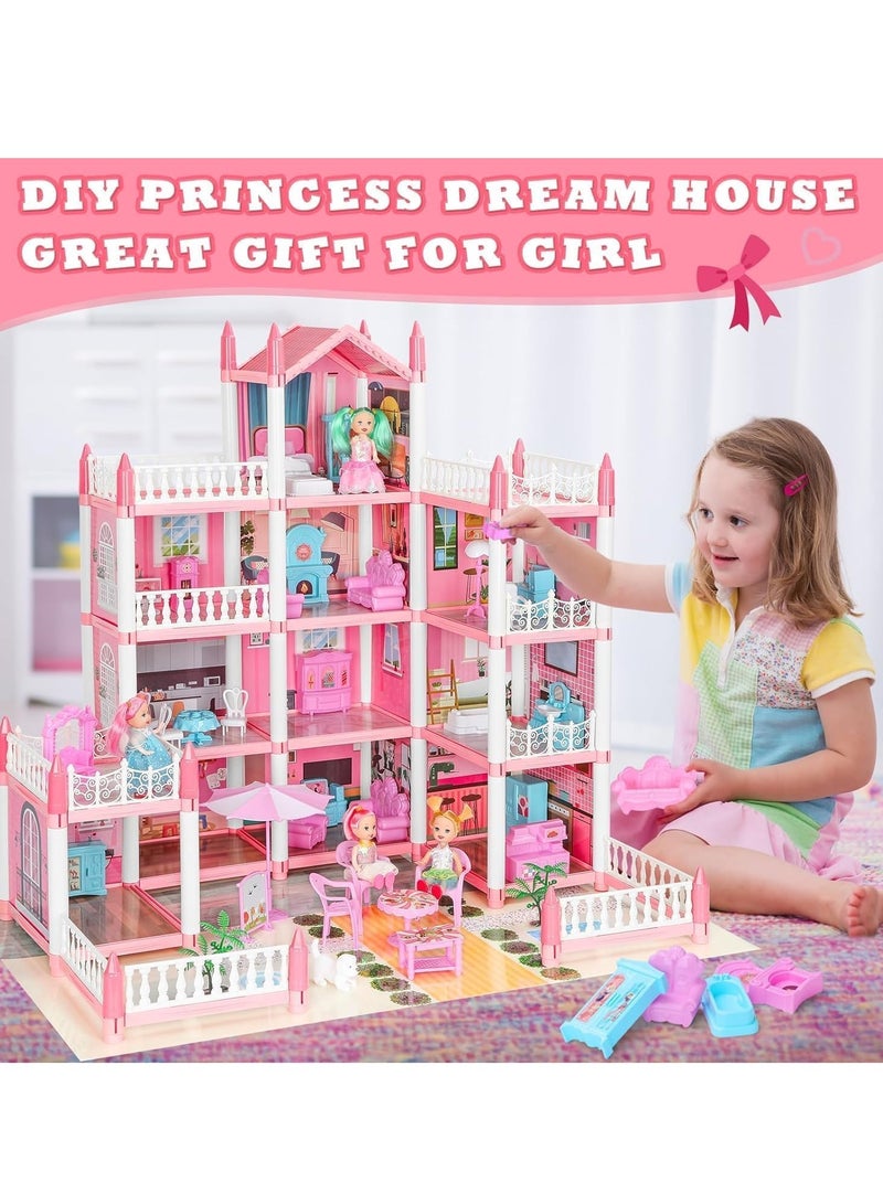 Doll House Dream Dollhouse for Girls Pretend-Play DIY Dollhouse Kit - 4-Story 11 Rooms Playhouse with 4 Dolls Toy Figures Furniture and Accessories Set - Image 5