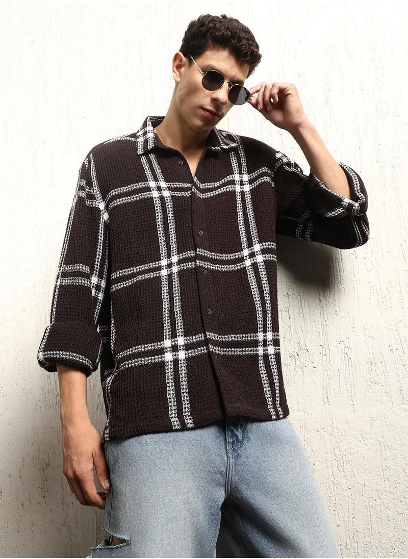 هوبرهولمي Brown Tartan Check Oversized Shirt for Men, Spread Collar, Full Sleeves, Cotton Blend